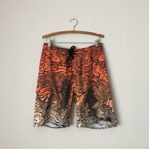 Ripcurl Men’s Swimtrunks Orange Black Yellow Size 32 Dragon Koi Anime Japanese